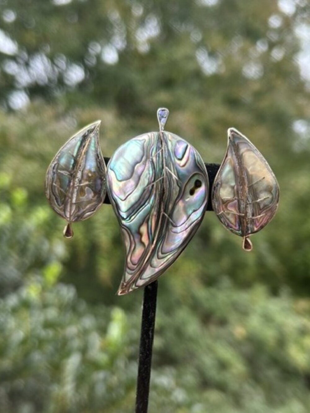 STERLING SILVER Mexico Abalone Shell Leaf Brooch Earrings SET